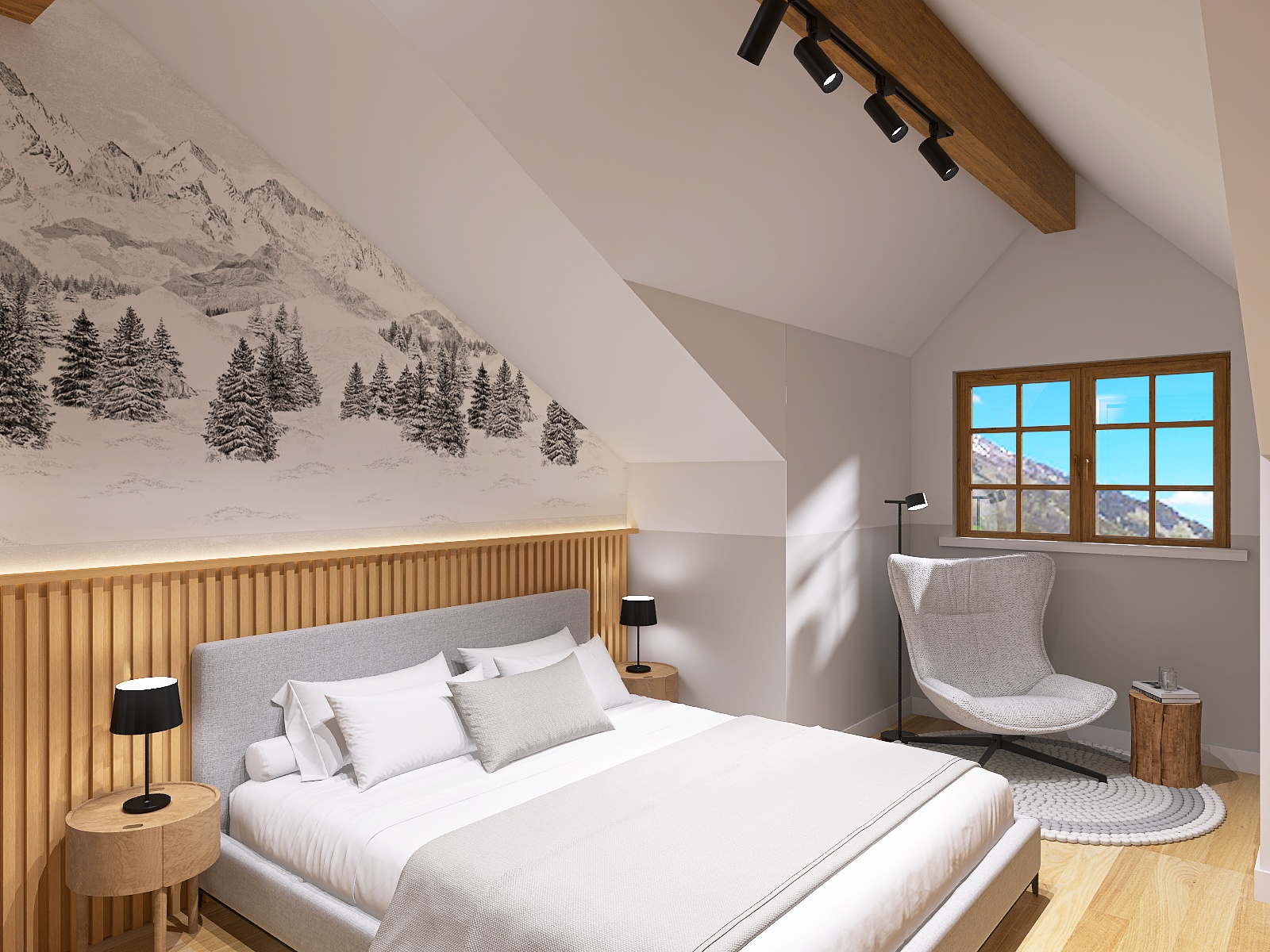 Schlafzimmer einer Ferienwohnung im Chalet Chic Stil