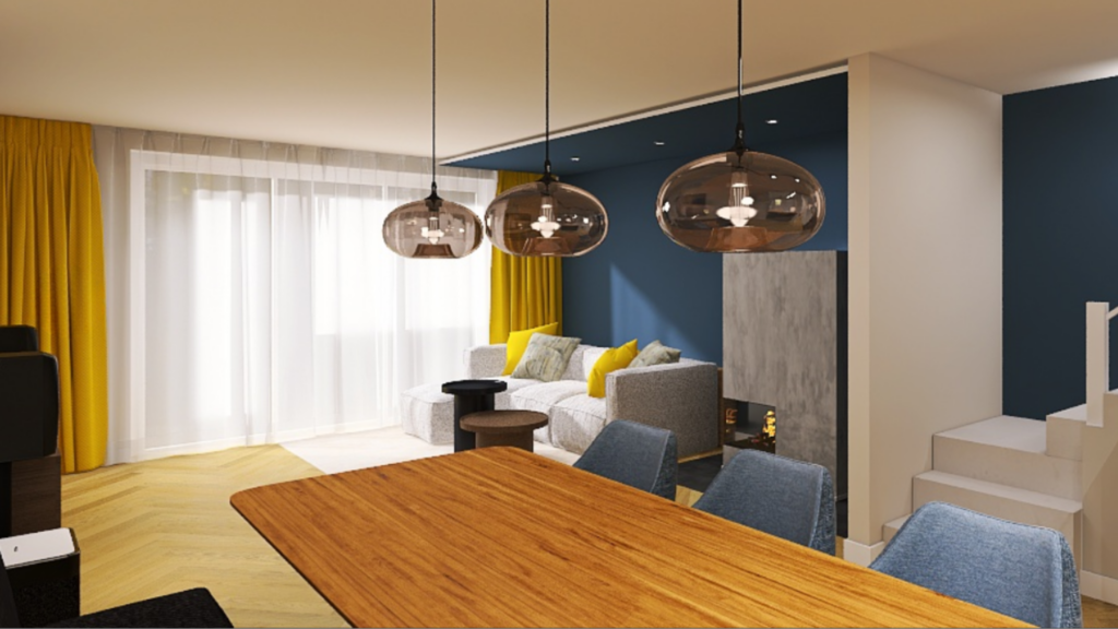 Mit runden Formen wie Lampen oder Beistelltische ein Wohnzimmer gemütlich einrichten.