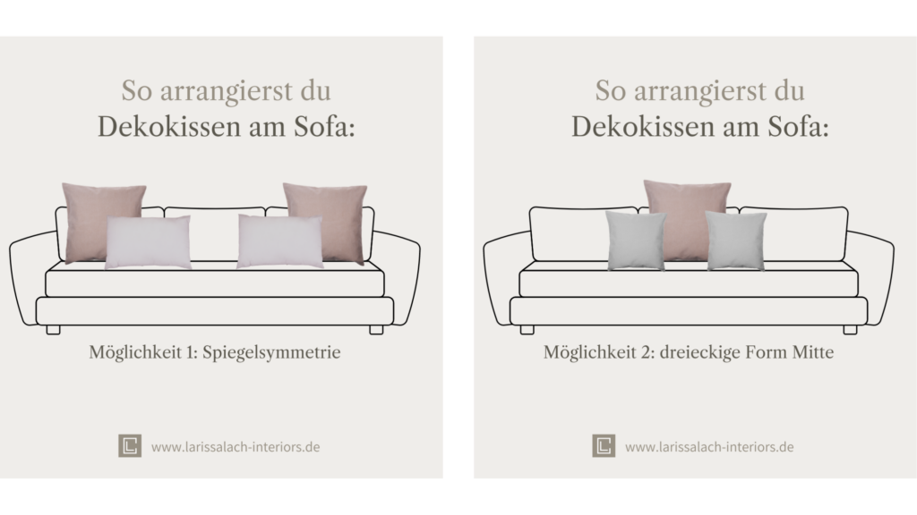 Zwei Ideen, um Kissen am Sofa perfekt zu arrangieren.